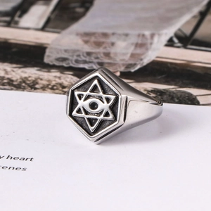 Men Retro Titanium Steel Hexagon Signet Ring Hexagram All Seeing Eye Providence Mystical Gothic Polished Biker Ring For Men