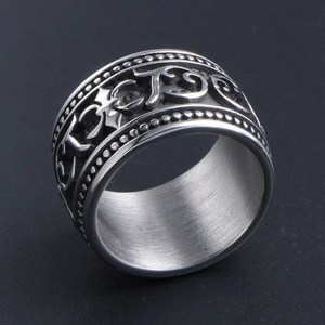 Men's punk titanium steel ring with embossed floral scroll patterns and brushed inner band