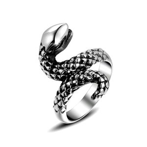 Punk style snake ring in stainless steel with detailed scales and vintage finish