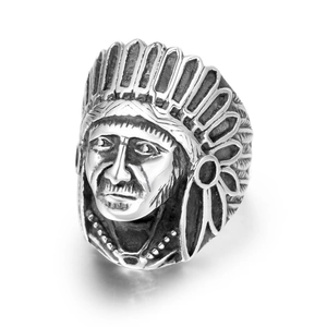 Vintage silver steel Indian Chief ring with detailed feathered headdress for punk style