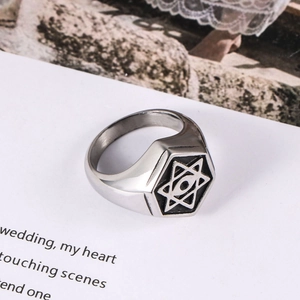 Vintage stainless steel hexagonal signet ring with black star of david occult symbol
