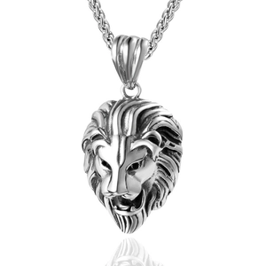 Collier Pendentif Tête de Lion Rugissant Vintage pour Hommes Acier Inoxydable Acier Titane Bijoux Animaux Punk Chaîne de Blé Polie