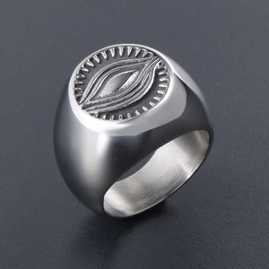 Vintage silver stainless steel signet ring with engraved All-seeing Eye design