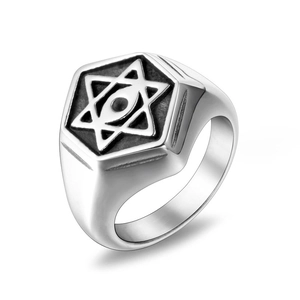Vintage steel signet ring for men featuring star of David and all-seeing eye engraving