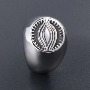 Vintage oxidized steel ring with All-Seeing Eye engraving and radial texture details