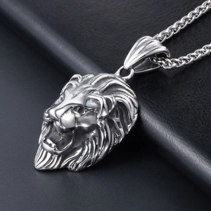 Collier pendentif tête de lion rétro en acier inoxydable pour homme avec chaîne épi