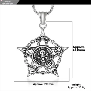 Detail view of retro steel pentagram skull pendant necklace with precise dimensions