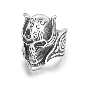 Vintage punk skull warrior ring in polished stainless steel with gothic horns and engraving