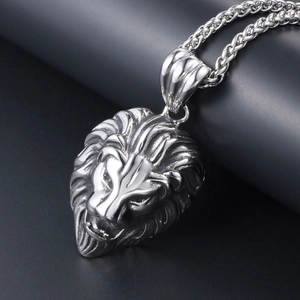 Collier avec pendentif tête de lion rétro pour hommes en acier inoxydable argent