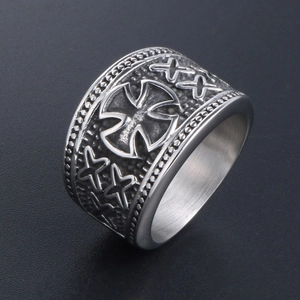 Retro iron cross stainless steel ring with matte silver finish and side star patterns