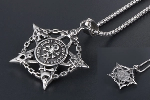 Macro shot of punk skull and pentagram relief on vintage titanium steel necklace