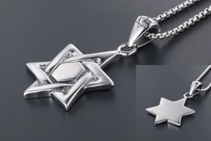 Detailed view of polished silver hexagram pendant with a classic box chain necklace