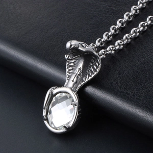 Silver stainless steel cobra pendant necklace with clear crystal stone on black leather