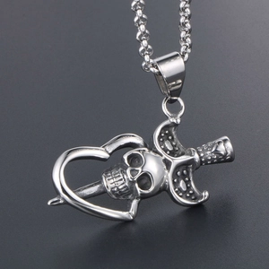 Pendentif épée tête de mort style gothique en acier inoxydable avec finition argentée
