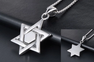 Close-up of hexagonal star pendant with layered镂空design on black leather background