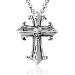 Gothic Stainless Steel Cross Skull Pendant Necklace Vintage Retro Punk Rock Jewelry Men Silver Color Polished Carved Pendant Necklace
