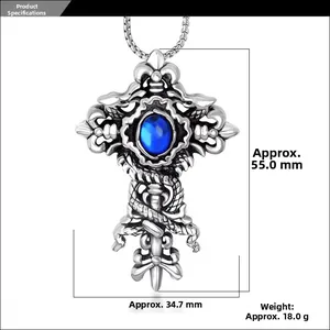 Detailed size parameters of the vintage gothic cross pendant with blue gem and dragon design
