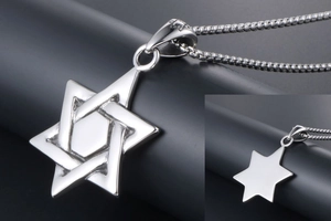 Macro view of a silver hexagram pendant with polished back and 3D relief texture