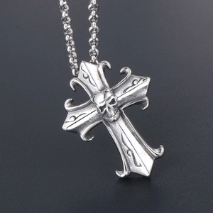Gothic punk style skull cross pendant necklace in silver stainless steel for men