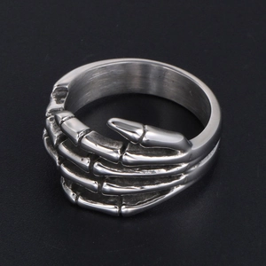 Vintage punk rock style stainless steel ring featuring a detailed skeleton hand design