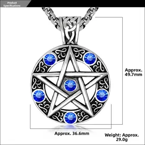 Macro detail of pentagram pendant with blue gemstones, showing 49.7mm height dimensions