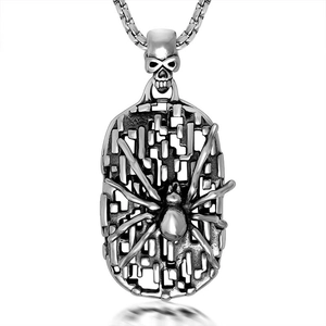 Vintage Gothic Stainless Steel Spider Shield Pendant Necklace With Skull Buckle Antique Silver Punk Men Jewelry Gift