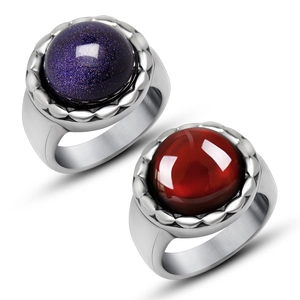Bague Vintage en Acier Titane Grès Bleu Pierre Rouge pour Hommes Femmes Poli Brossé Bague de Couple Style Industriel Rétro