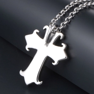 Gothic silver stainless steel cross pendant necklace with mirror finish on O-chain