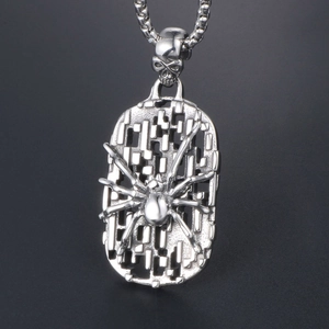Vintage punk stainless steel spider pendant necklace with skull bail and mesh texture
