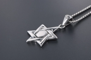 Macro shot of silver stainless steel hexagram pendant with textured box chain detail