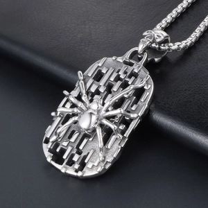 Vintage gothic skeleton link with hollow spider shield pendant on stainless steel chain