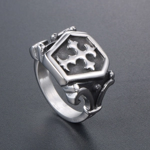 Gothic silver stainless steel shield ring with embossed cross and vintage scroll patterns