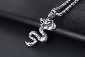 Macro shot of silver titanium steel dragon pendant with intricate scale texture on chain
