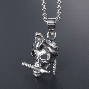 Men's retro titanium steel skull necklace with cobra and dagger in gothic punk style