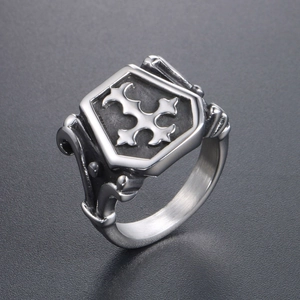 Retro shield shaped titanium steel ring with gothic cross carving for men in silver