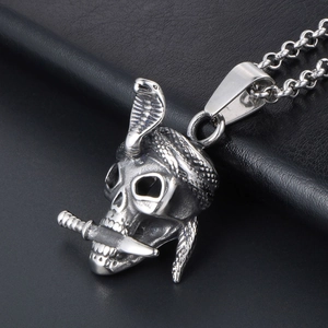 Gothic punk skull necklace with cobra and dagger pendant on high-quality stainless steel