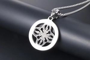 Close-up of vintage titanium steel necklace pendant with skull detail and gothic pattern