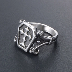 Gothic style stainless steel cross ring for men with vintage silver finish engraving
