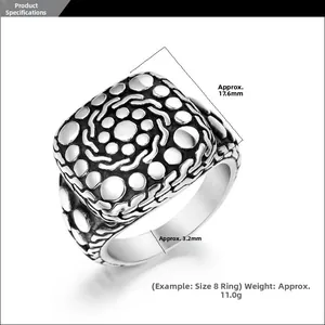 Macro shot showing 17.6mm width and 3.2mm thickness of vintage pebble pattern steel ring