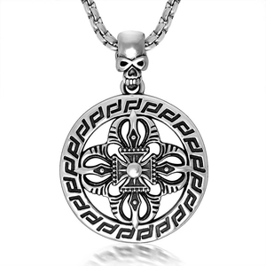 Retro Stainless Steel Greek Key Cross Pendant Necklace For Men Gothic Skull Bail Hollow Round Circle Medallion Sweater Chain Jewelry