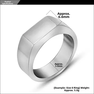 Macro shot of silver rectangular signet ring showing 6.6mm width and 5g weight specs