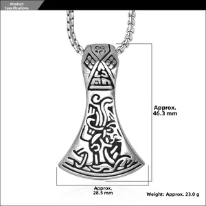 Detailed view of Viking style axe pendant with totem carving and size dimensions