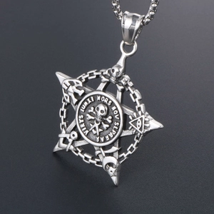 Vintage stainless steel pentagram pendant with skull and crossbones emblem on ball chain