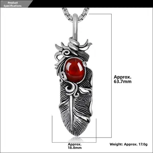 Detailed specs of titanium steel feather pendant with ruby inlay and dimensions