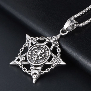 Vintage gothic skeleton skull necklace with pentagram relief and symbolic steel pendant