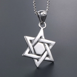 Polished silver hexagram star pendant necklace in stainless steel with elegant box chain