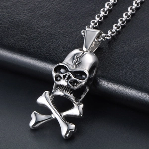 Gothic skull and crossbones pendant necklace in silver stainless steel with punk style