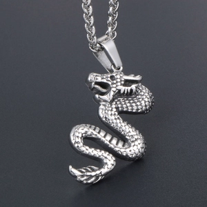 Vintage silver dragon pendant necklace in titanium steel with wheat chain for men