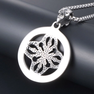 Vintage titanium steel necklace with hollow circular pendant and skull-shaped clasp
