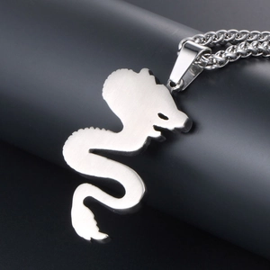 Titanium steel dragon pendant necklace with matte silver finish and chunky curb chain link